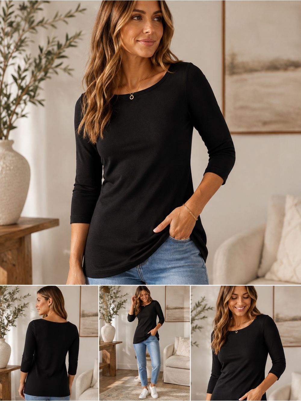 Eileen Fisher Black Three-Quarter Sleeve Scoop Neck Top